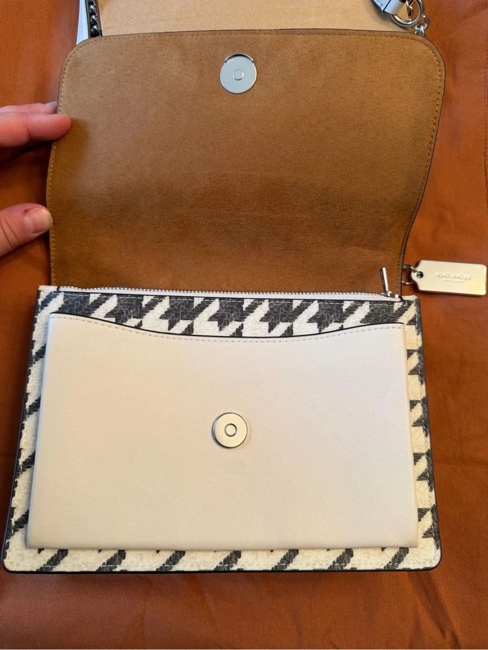 Coach Black & White Houndstooth Chain Shoulder Bag